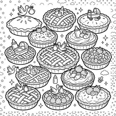 Get ready to celebrate a new little one with this delightful coloring page featuring an array of charming pies and tarts. Each sweet treat is lovingly decorated with adorable baby shower elements, perfect for bringing joy to any celebration.
