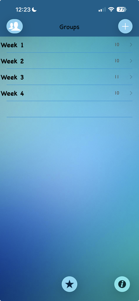 Screenshot of the TurboWords Spelling app showing word groups organized by week for student practice
