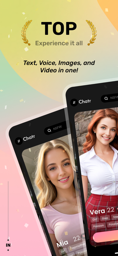 Two smartphones displaying realistic AI generated female character profiles on the Chatr AI app interface.