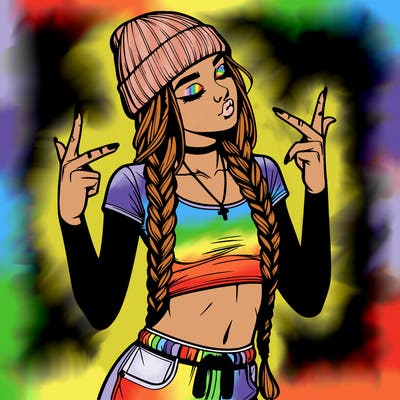 realistic teenage girl with braids and a beanie and crop top doing 🫶🏼