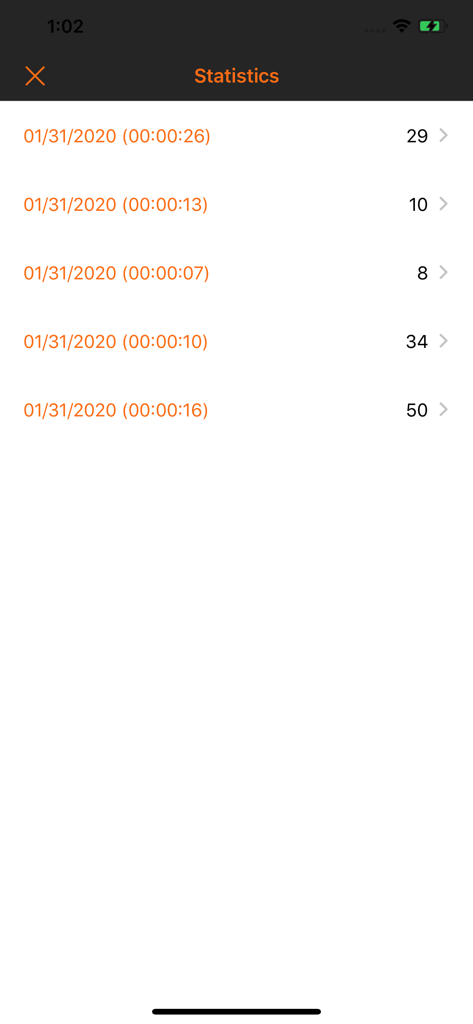 Push Ups Counter - Trainer - Écran des statistiques montrant une liste des entraînements de pompes passés avec les dates et le nombre total de répétitions