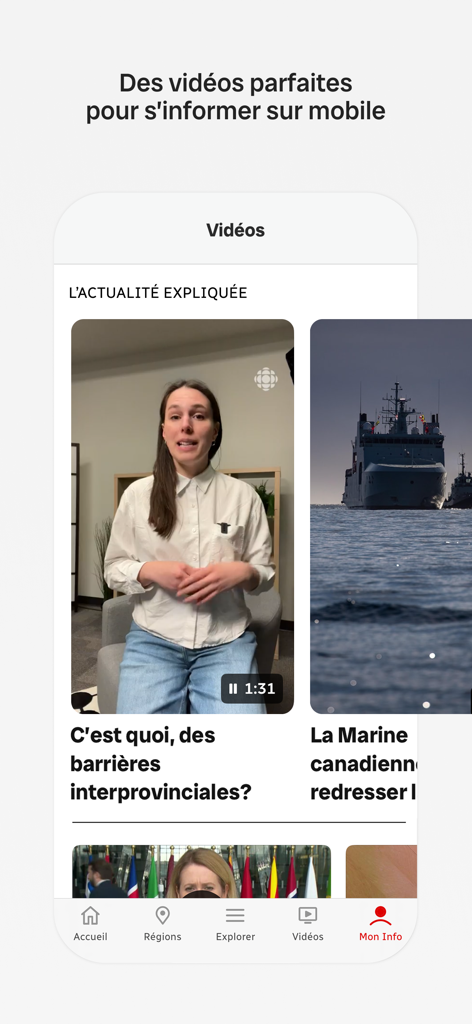 Radio Canada Info mobile app interface showing a section with vertical news videos and summaries