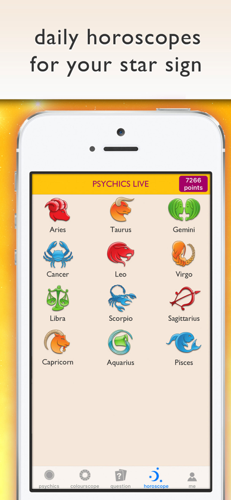 Interface do aplicativo Psíquicos ao Vivo mostrando todos os doze signos do zodíaco para seleção de horóscopo diário.
