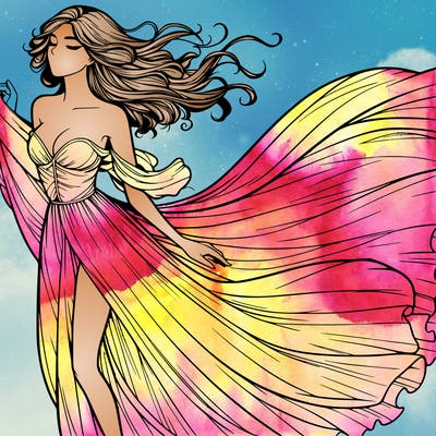 realistic woman in dress flowing the the wind