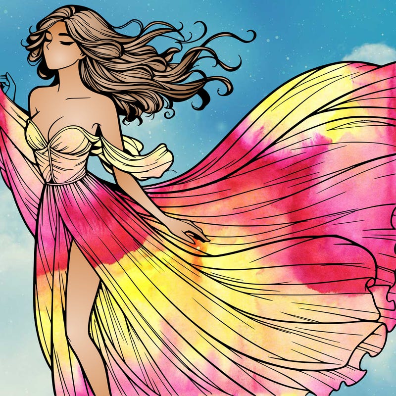 realistic woman in dress flowing the the wind