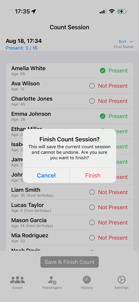 Group Counter for Tour Guides - Attendance tracking screen in Group Counter app with a finish session confirmation dialog