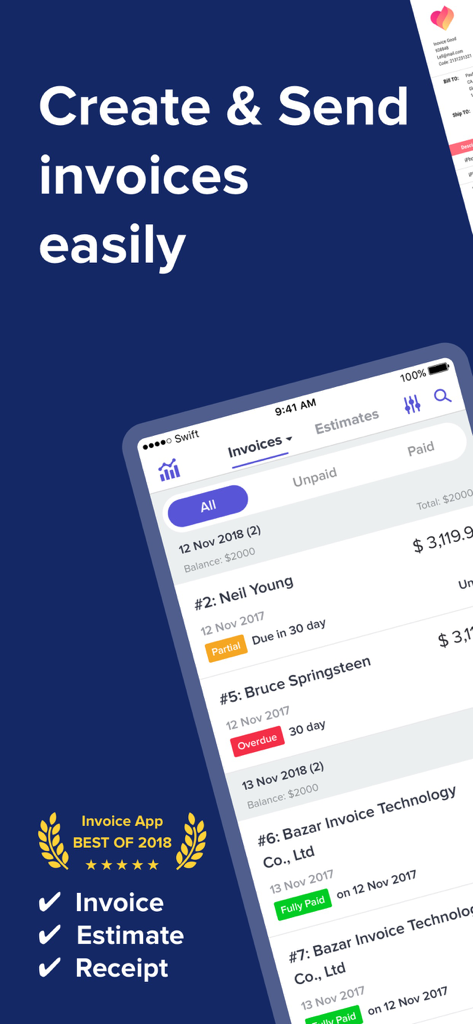 支払い状況（延滞中、支払い済みなど）が表示されたプロフェッショナルな請求書のリストを示すモバイルアプリ画面。