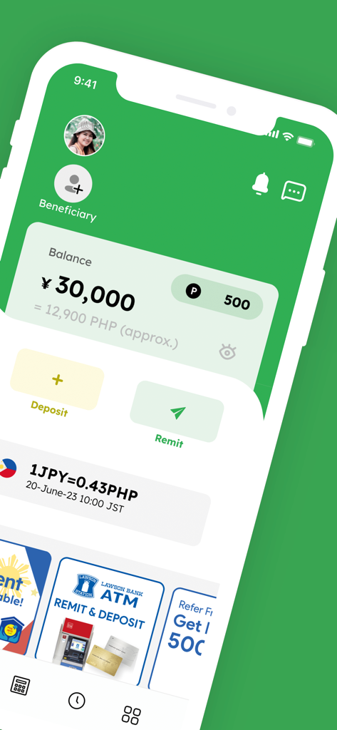 Smiles Mobile Remittance - Smiles Mobile Remittance app dashboard showing account balance and exchange rate for the Philippines