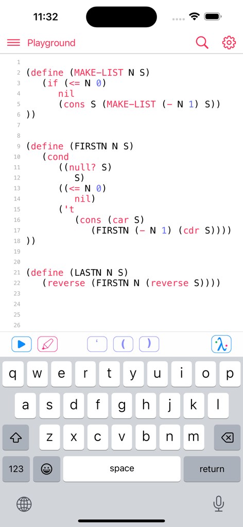 My Lisp - 함수형 프로그래밍 구문과 사용자 지정 키보드를 표시하는 iPhone의 Lisp 코드 편집기.