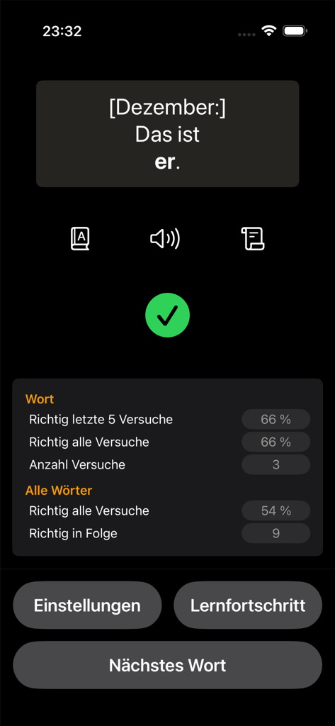 ArtikelMeister - Interface mostrando resposta correta e estatísticas de aprendizado no aplicativo de língua alemã ArtikelMeister