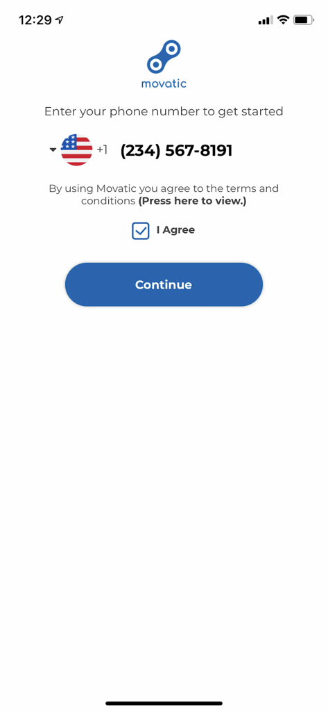 Movatic mobile app registration screen with phone number input and continue button