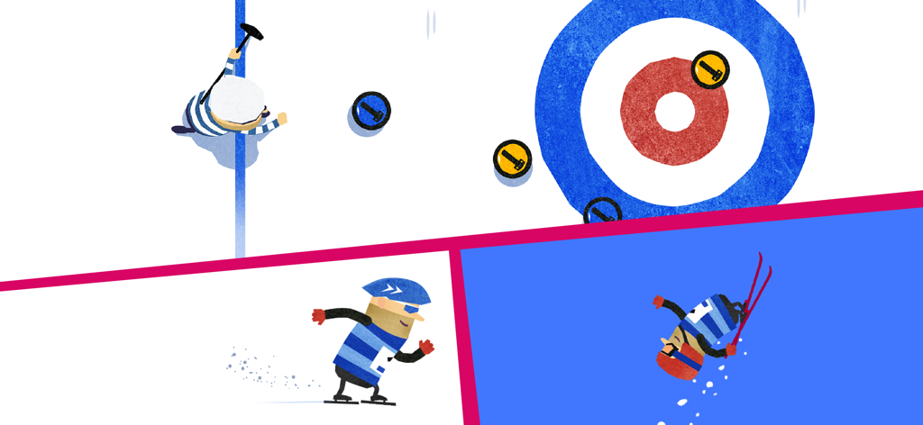 A collage showing three winter sports mini games including curling speed skating and ski jumping with Fiete