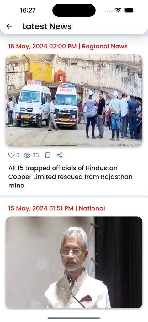 Schermata dell'app NewsOnAir che mostra le ultime notizie regionali e nazionali dall'India.
