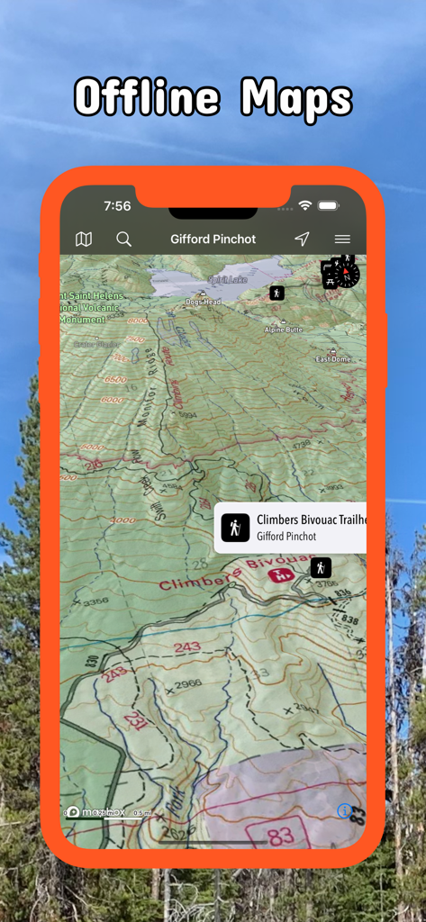 Captura de pantalla de la aplicación Bosques Nacionales del Noroeste mostrando un mapa topográfico sin conexión del Bosque Nacional Gifford Pinchot con un marcador para Climbers Bivouac Trailhead.