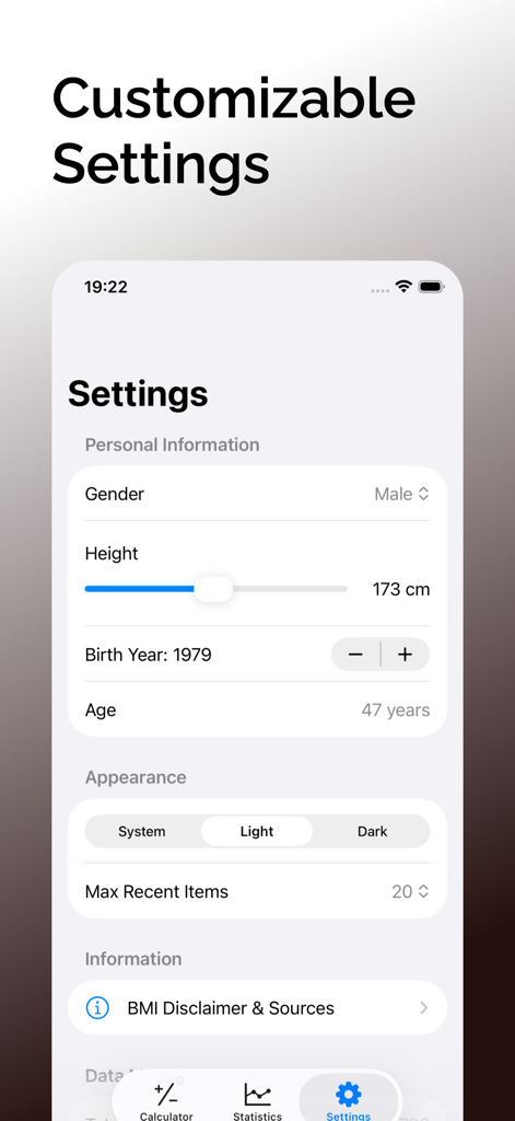 BMI Calculator – Health Tool - La pantalla de configuración de la aplicación Calculadora de IMC que muestra las entradas de información personal y las opciones de tema de apariencia.