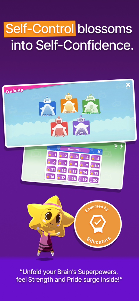 Interface d'entraînement de l'application Babaoo montrant des modules pour l'attention, la mémoire et les fonctions exécutives.