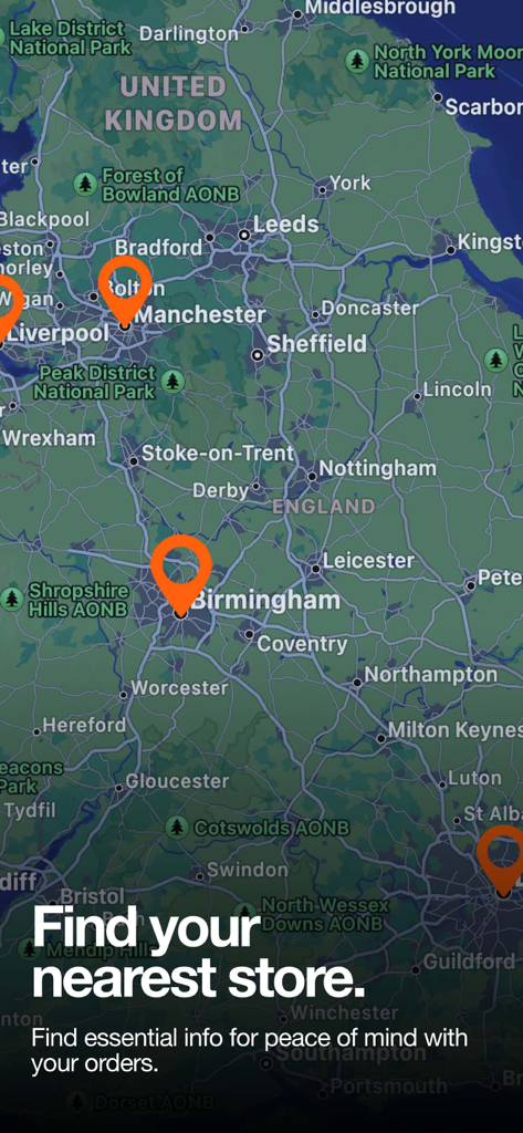 A map of the United Kingdom featuring orange location pins for size retail stores