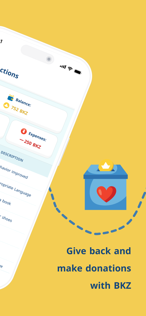 Bankee - Smartphone screen showing Bankee app donation interface with virtual currency balance and a heart icon donation box