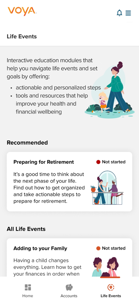 Voya - Voya app Life Events dashboard featuring financial planning for retirement and family