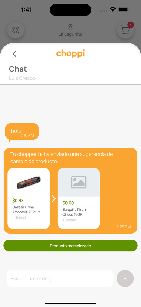 Choppi - Tela de chat do aplicativo Choppi mostrando um personal shopper sugerindo uma substituição de produto de supermercado em espanhol.