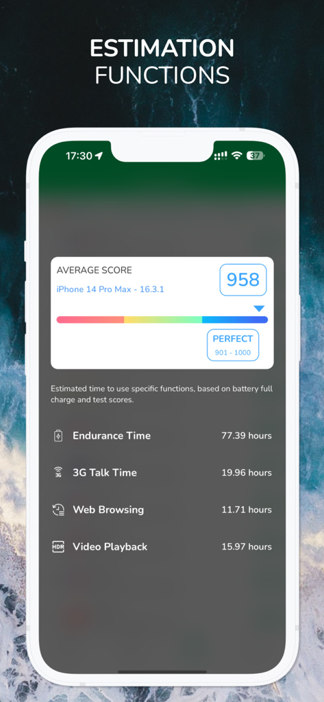 Battery Testing - Battery Testing app interface showing estimated runtimes and a high battery health score on an iPhone.