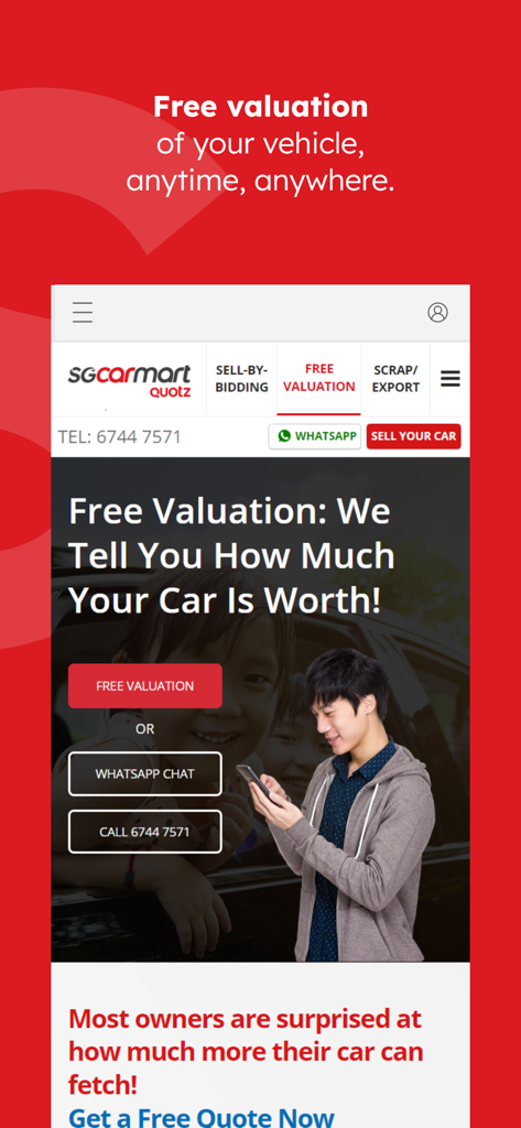 Sgcarmart - A mobile screen from the Sgcarmart app offering a free vehicle valuation service for car owners in Singapore.