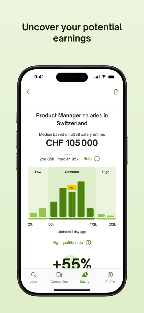 Mobile screen of the jobup app showing a salary estimator chart and median earnings for a Product Manager in Switzerland