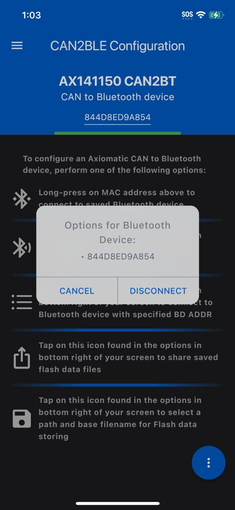 CAN2BLE Configuration - Smartphone screen showing the CAN2BLE Configuration app with a Bluetooth device connection dialog box