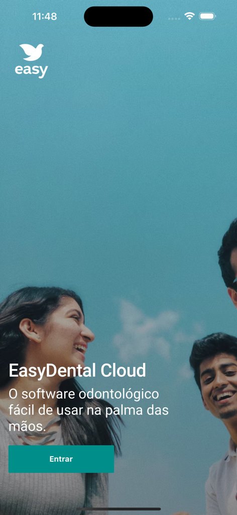 Tela de introdução do aplicativo móvel EasyDental Cloud com botão de login