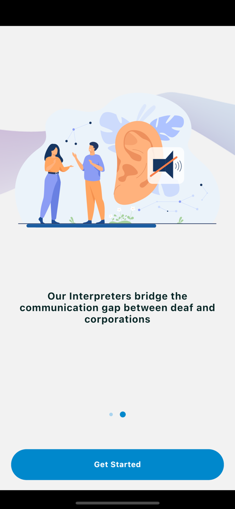 Signo Application - Una pantalla de incorporación que ilustra a dos personas comunicándose con texto sobre la creación de un puente entre personas sordas y corporaciones