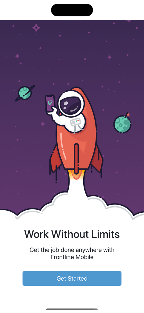 Frontline Education app welcome screen with an astronaut in a rocket and the text Work Without Limits