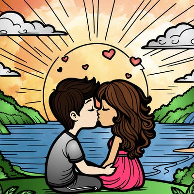 a sunset with two lovers kissing