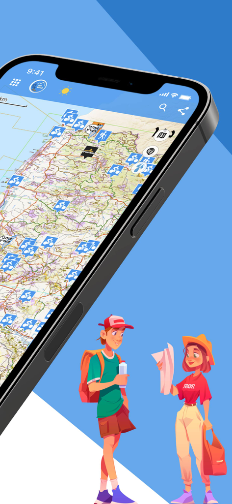 Smartphone screen showing the Off Road app navigation map with trail markers and two illustrated hikers