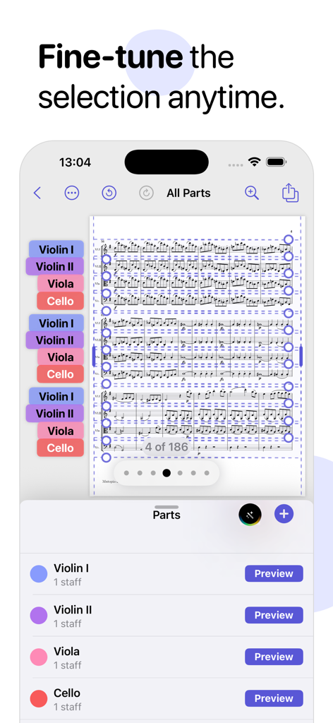 Partifier: extract score parts - Interface of the Partifier app showing the selection of violin, viola, and cello parts from a full musical score for digital extraction.