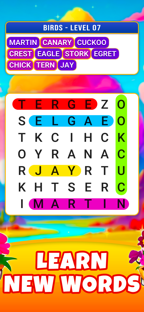 Word Search: Find Hidden Word - A mobile word search game screen showing a bird-themed puzzle level with words like Eagle and Martin highlighted in a colorful grid.