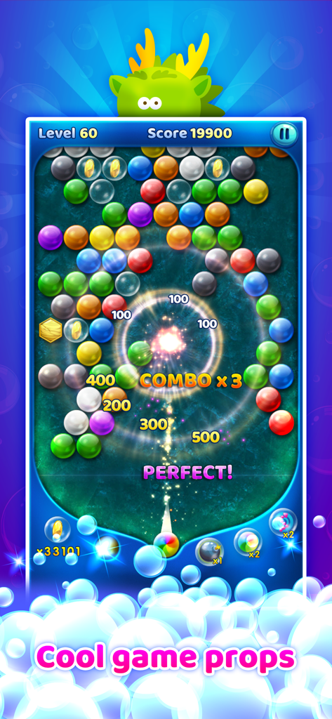Bubble Mania gameplay showing level sixty with a triple combo blast and special game props.
