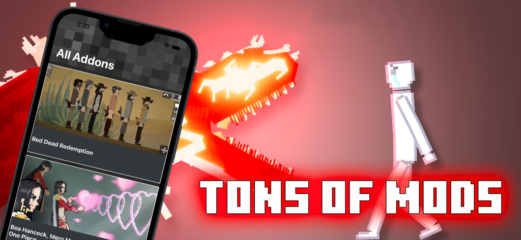 App interface for Melon Playground mods featuring character skins and game addons