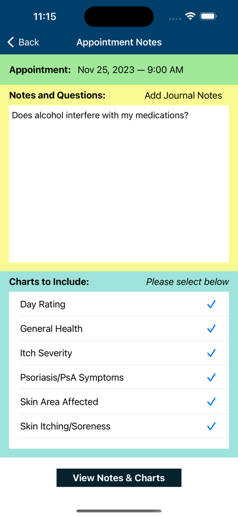 Psoriasis Manager app screen for organizing doctor appointment notes and selecting health tracking charts