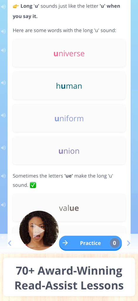 Spelling Ace 4th Grade - Interface of a spelling lesson for 4th graders showing words with the long u sound and read assist features
