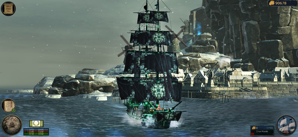 Tempest: Pirate RPG Premium - A pirate ship with glowing patterns on its black sails sailing near a snowy port.
