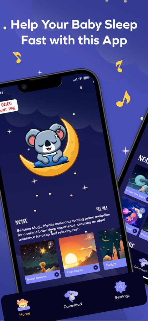 Koko Koala: Baby White Noise - Interfaz de la aplicación Koko Koala con opciones de ruido blanco para bebés y un personaje de koala durmiendo