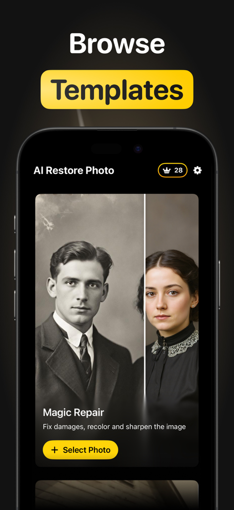 AI Restore Photo - Unblur - AI Restore Photo app interface showing magic repair feature to fix and colorize old photos