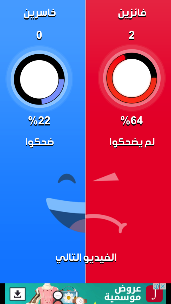 Schermata dei risultati dall'app Laugh Challenge che mostra le percentuali dei giocatori che hanno riso e quelli che non l'hanno fatto