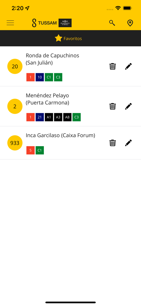 List of saved favorite bus stops and lines in the AppTUSSAM mobile application