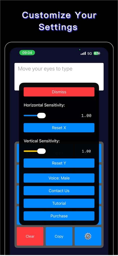 Eye Keyboard-Input with eyes - Settings menu of the Eye Keyboard app showing eye tracking sensitivity sliders and voice options.