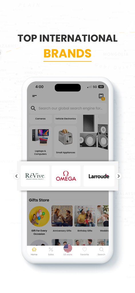 A screenshot of the Ubuy app showing top international brands like Omega and ReVive with shopping categories for electronics and gifts.