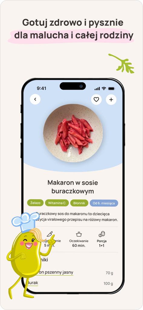 Pierwsze Smaki - Pantalla de la app Pierwsze Smaki mostrando una receta saludable de pasta de remolacha para niños pequeños con información nutricional