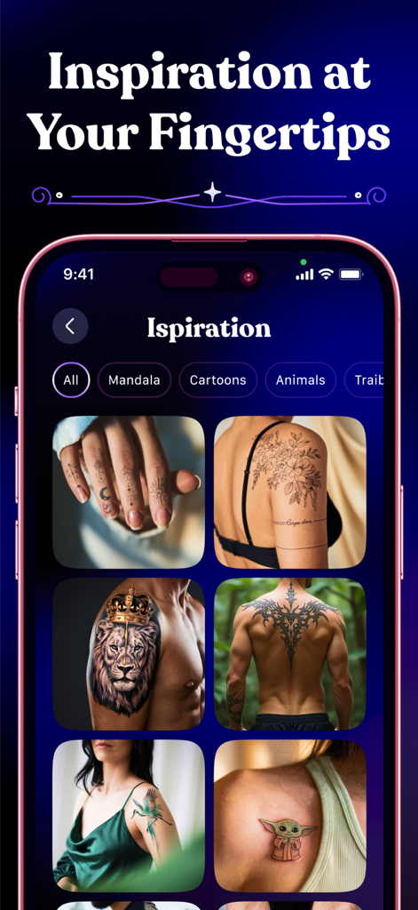 Tattoo Guru - AI Art Generator - Mobile app interface showing a gallery of diverse tattoo design inspirations across categories like mandala and animals.