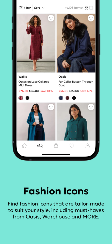 Debenhams shopping app displaying women's fashion items from brands like Wallis and Oasis.