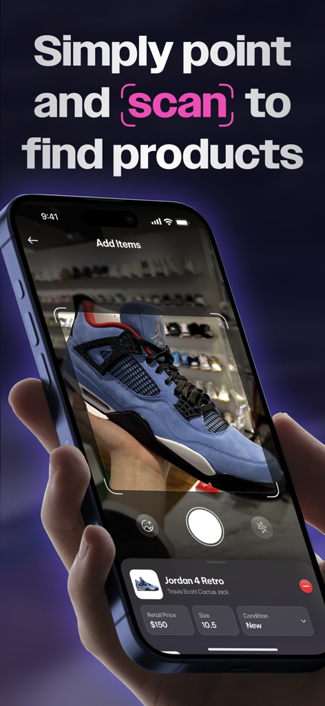 SwiftSole - Sneaker Releases - SwiftSole app mobile interface scanning a blue Jordan 4 Retro sneaker for product identification